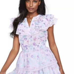 Love Shack Fancy Women's Ruffle Purple Floral Short Sleeve Mini Dress Size XS